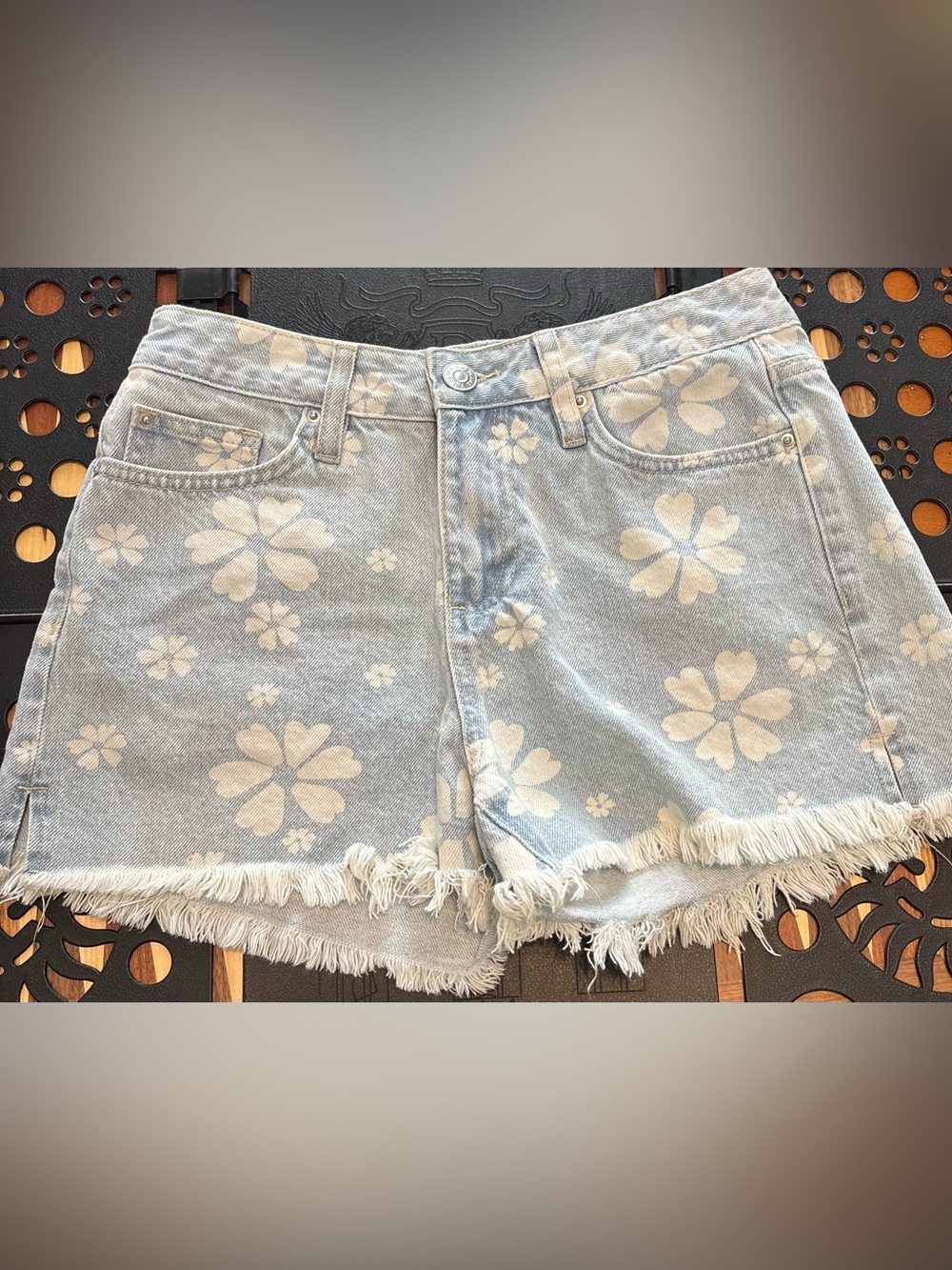 YMI Light Blue Floral Print Denim Shorts with Frayed Hem